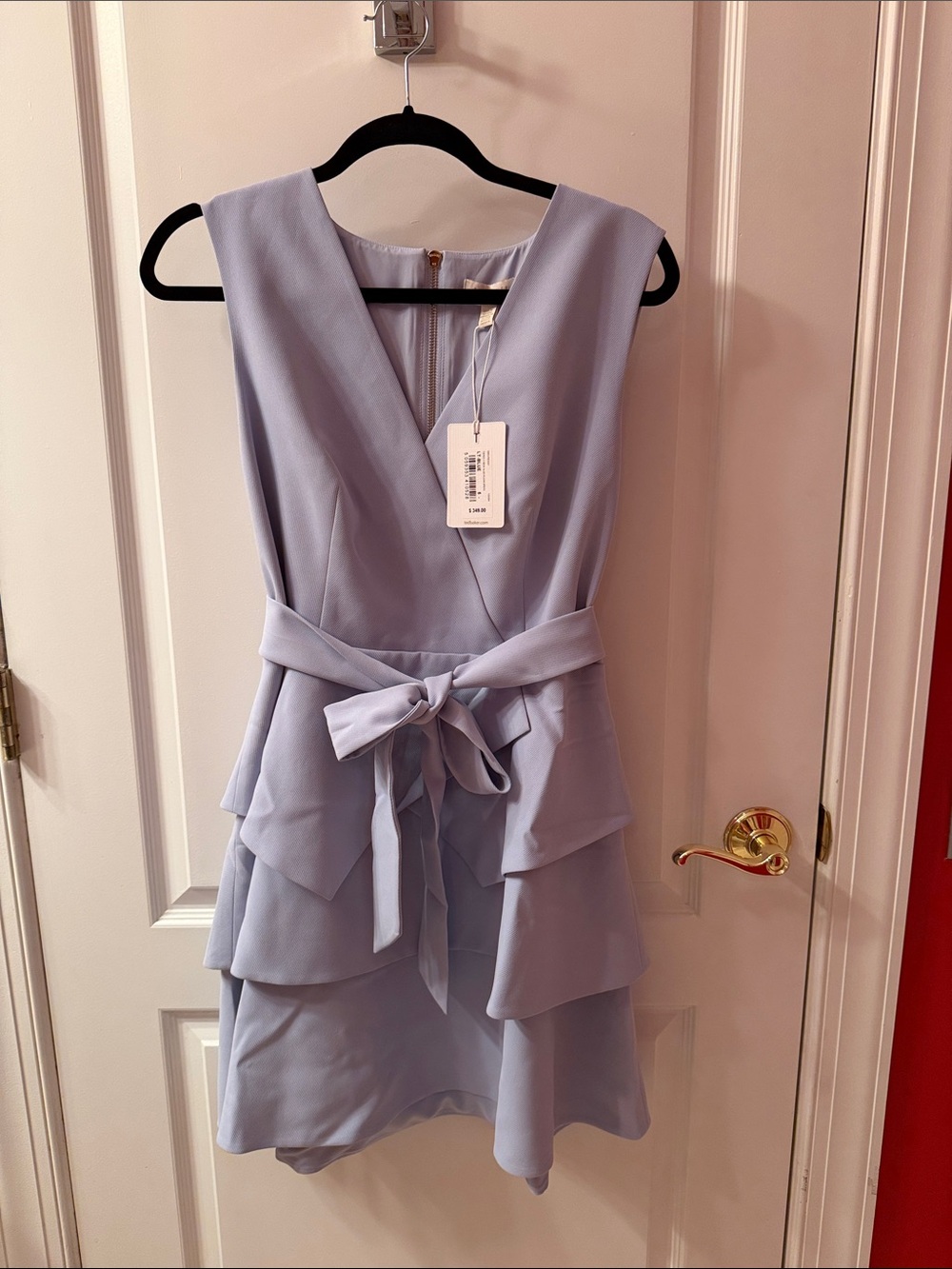 Ted Baker Light Blue Sleeveless V-Neck Tiered Mini Dress with Self-Tie Belt